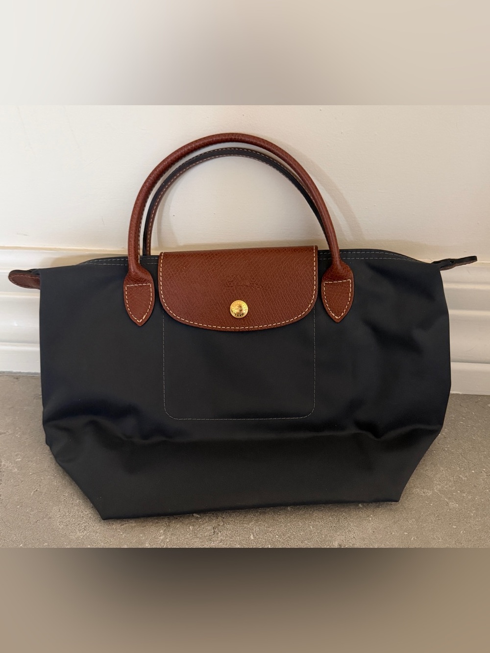 Longchamp Le Pliage Charcoal Nylon Brown Leather Top Handle Bag - Picture 2 of 12